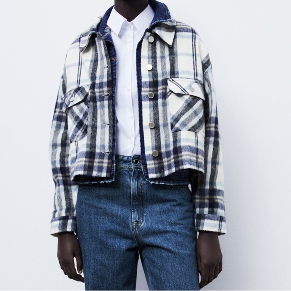 Zara Cropped Plaid Overshirt in Ecru Blue/Black